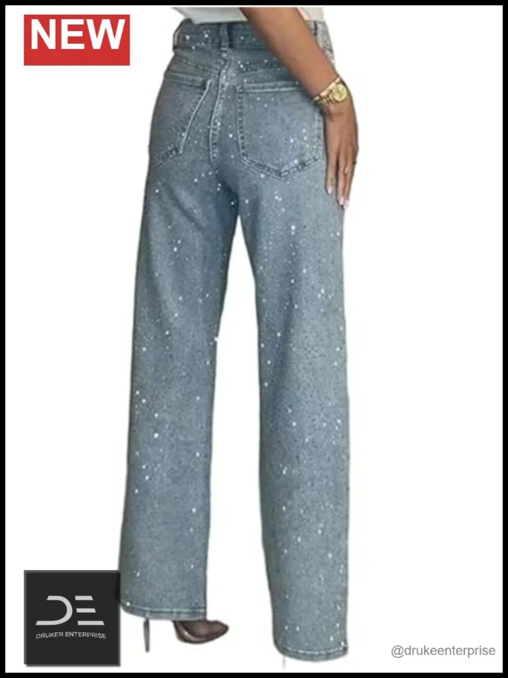 Women's High Waisted Rhinestone Straight Leg Jeans Sparkly Bling Pants